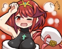 Rule 34 | 1girl, black one-piece swimsuit, breasts, competition swimsuit, costume, hat, large breasts, ma2acworks, one-piece swimsuit, pyra (pro swimmer) (xenoblade), pyra (xenoblade), red eyes, red hair, red one-piece swimsuit, short hair, solo, swept bangs, swimsuit, tiara, two-tone swimsuit, xenoblade chronicles (series), xenoblade chronicles 2, xenoblade chronicles 3