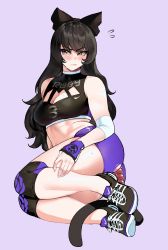 Rule 34 | 1girl, anal, anal beads, anal tail, animal ears, ass, black hair, blake belladonna, blush, bow, breasts, butt plug, cat ears, fake tail, hair bow, hetero, highres, legs, long hair, medium breasts, nyantcha, rwby, sex toy, short shorts, shorts, solo, tail, torn, torn clothes, yellow eyes