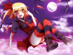 Rule 34 | 1girl, bad id, blonde hair, blush, boots, embodiment of scarlet devil, fang, female focus, flandre scarlet, halloween, highres, outdoors, sky, solo, striped clothes, striped thighhighs, suterii, thighhighs, touhou, wings