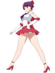 Rule 34 | 1girl, bare legs, bishoujo senshi sailor moon, bow, breasts, choker, color connection, cosplay, elbow gloves, full body, gegege no kitarou, gegege no kitarou 6, gloves, hair bow, hand on own hip, high heels, looking at viewer, looking back, magical girl, medium breasts, microskirt, nekomusume, nekomusume (gegege no kitarou 6), no socks, panties, pantyshot, pink bow, pleated skirt, pointy ears, pumps, purple bow, purple hair, red bow, red choker, red footwear, red sailor collar, red skirt, sailor collar, sailor mars, sailor mars (cosplay), sailor senshi uniform, shirt, simple background, skirt, solo, standing, twisted torso, umi no tarako, underwear, white background, white gloves, white panties, white shirt, yellow eyes