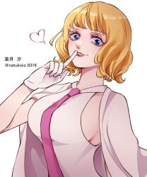 Rule 34 | 1girl, blonde hair, blue eyes, breasts, curly hair, eyelashes, finger to mouth, gloves, heart, highres, large breasts, looking at viewer, medium hair, natsuki shio, necktie, one piece, pink necktie, short sleeves, sideboob, stussy (one piece), twitter username, upper body, white background, white gloves