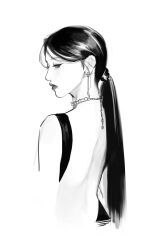 Rule 34 | 1girl, absurdres, back, back focus, backless dress, backless outfit, choker, dress, earrings, from behind, greyscale, hair behind ear, half-closed eyes, highres, jewelry, k-pop, kun baole, lipstick, long hair, looking back, makeup, mina (twice), monochrome, parted lips, ponytail, real life, realistic, simple background, solo, twice (group), very long hair, white background