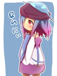 Rule 34 | 1girl, absurdres, bandana, blue background, blue hair, blush, closed mouth, cowboy shot, dress, gradient hair, hair over one eye, highres, idaten93, long sleeves, male focus, multicolored hair, original, pink hair, red eyes, rom (idaten93), sleeves past wrists, solo, translated, two-tone background, white background, white dress
