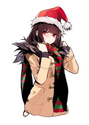 Rule 34 | 1girl, absurdres, blunt bangs, blush, brown coat, closed mouth, coat, duffel coat, fur-trimmed coat, fur trim, girls&#039; frontline, hands up, hat, highres, inxst, long hair, long sleeves, looking at viewer, nose blush, purple hair, red eyes, red hat, santa hat, scarf, simple background, solo, striped clothes, striped scarf, tsurime, wa2000 (girls&#039; frontline), white background