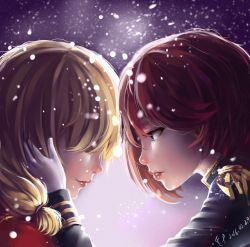 Rule 34 | 10s, 2016, 2girls, blonde hair, dated, epaulettes, closed eyes, gloves, hand on another&#039;s face, light smile, multiple girls, nagong liangcai, nelson (warship girls r), profile, red hair, red lips, rodney (warship girls r), snow, uniform, warship girls r, yuri