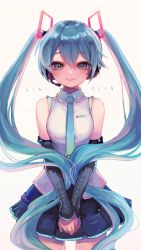 Rule 34 | 1girl, 39, 2021, aqua eyes, aqua hair, aqua necktie, bare shoulders, black sleeves, blue skirt, blush, closed mouth, collared shirt, commentary, cowboy shot, dated, detached sleeves, garan co, hair between eyes, hair ornament, hatsune miku, hatsune miku (vocaloid4), headset, highres, long hair, looking at viewer, miniskirt, necktie, own hands together, pleated skirt, raised eyebrows, shirt, skirt, sleeveless, sleeveless shirt, smile, solo, twintails, very long hair, vocaloid, white background, white shirt, wing collar