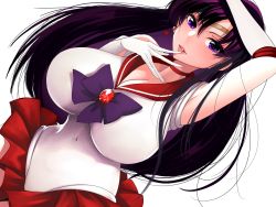 Rule 34 | 1girl, alternate breast size, arm armor, arm up, armpits, bare shoulders, bishoujo senshi sailor moon, black hair, breasts, choker, circlet, cleavage, commentary request, covered navel, dutch angle, earrings, elbow gloves, gloves, highres, hino rei, huge breasts, jewelry, kumako (kumakonoh), light smile, long hair, parted lips, purple eyes, red choker, red skirt, sailor mars, simple background, skirt, solo, star (symbol), star earrings, very long hair, white background, white gloves