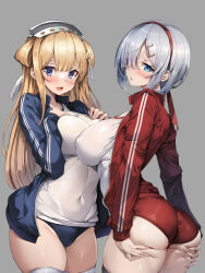 Rule 34 | 2girls, :d, absurdres, ass, ass grab, black thighhighs, blonde hair, blue buruma, blue eyes, blue jacket, blush, breast press, breasts, buruma, commentary request, covered erect nipples, covered navel, fletcher (kancolle), fletcher mk ii (kancolle), grabbing own ass, grey background, grey eyes, grey hair, gym shirt, gym uniform, hair ornament, hair over one eye, hair ribbon, hairband, hamakaze (kancolle), highres, jacket, kantai collection, large breasts, long hair, looking at viewer, medium breasts, multiple girls, open mouth, parted lips, red jacket, ribbon, shirt, short hair, simple background, smile, standing, star (symbol), star hair ornament, thighhighs, thighs, torisan, white shirt, white thighhighs
