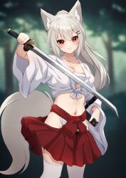 Rule 34 | 1girl, absurdres, animal ears, blurry, blurry background, breasts, chest sarashi, cleavage, commentary request, forest, fox ears, fox girl, fox tail, hakama, hakama short skirt, hakama skirt, highres, hinata (user rjkt4745), hip vent, holding, holding sword, holding weapon, japanese clothes, long hair, looking at viewer, medium breasts, miko, nature, original, sarashi, skirt, solo, standing, sword, tail, thighhighs, weapon, white hair, white thighhighs
