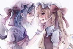 Rule 34 | 2girls, annin cha, arm at side, ascot, bat wings, blonde hair, blue hair, blush, bow, commentary, crying, crying with eyes open, eye contact, eyebrows hidden by hair, flandre scarlet, frilled shirt collar, frilled wrist cuffs, frills, from side, hair between eyes, hair bow, hair ribbon, hand up, hat, hat bow, hat ribbon, heart, highres, light particles, long hair, looking at another, medium hair, mob cap, multiple girls, open mouth, parted lips, pink hat, profile, puffy short sleeves, puffy sleeves, reaching, reaching towards another, red ascot, red bow, red eyes, red nails, red ribbon, red vest, remilia scarlet, ribbon, sad, shirt, short sleeves, siblings, side ponytail, signature, simple background, sisters, spoken heart, tears, touhou, upper body, vest, wavy hair, wavy mouth, white background, white hat, white shirt, white wrist cuffs, wings, wrist cuffs, yellow ascot