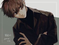 Rule 34 | 1boy, artist name, black nails, black sweater, brown hair, brown jacket, closed mouth, collared jacket, commentary request, crossed arms, grey background, grey eyes, inset border, jacket, looking at viewer, male focus, minai mosa, original, short hair, simple background, smile, solo, sweater, turtleneck, turtleneck sweater, twitter username, upper body