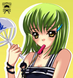 Rule 34 | 00s, 1girl, blush, breasts, c.c., cellphone charm, cellphone strap, charm (object), cleavage, clip, code geass, female focus, food, green hair, hair ornament, hairclip, hand fan, lelouch vi britannia, meimi k, mouth hold, paper fan, popsicle, short hair, small breasts, solo, uchiwa, yellow eyes, aged down