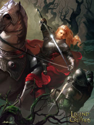 Rule 34 | 2boys, armor, armored boots, artist name, boots, cape, copyright name, crowgod, faceless, faceless male, gloves, helmet, highres, horse, horseback riding, legend of the cryptids, long hair, male focus, multiple boys, official art, open mouth, orange hair, riding, solo focus, sword, tree, weapon