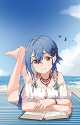 Rule 34 | 1girl, absurdres, barefoot, beach, bikini, bikini under clothes, bird, birthday, blue bikini, blue hair, book, breasts, center opening, cleavage, collarbone, crossed bangs, day, hair between eyes, highres, jewelry, large breasts, looking at viewer, love live!, love live! superstar!!, lying, necklace, ocean, off-shoulder shirt, off shoulder, on stomach, open book, outdoors, sand, shirt, short hair, smile, solo, swimsuit, the pose, wakana shiki, white shirt, zbk nashi