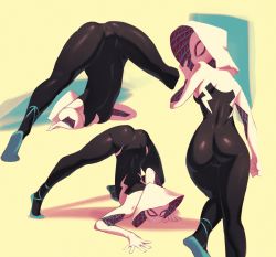 Rule 34 | 1girl, ass, ass focus, back, ballet slippers, black bodysuit, blue footwear, bodysuit, breasts, cameltoe, clenched hand, covered navel, greasymeta, gwen stacy, highres, hood, jack-o&#039; challenge, marvel, mask, meme, shiny clothes, simple background, spider-gwen, spider-man (series), spider web print, tagme, top-down bottom-up, yellow background