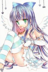 Rule 34 | 10s, 1girl, angel wings, bad id, bad pixiv id, bracelet, bridal gauntlets, choker, colored inner hair, covering face, covering own mouth, covering privates, doughnut, food, green eyes, hair ribbon, ichigohou, jewelry, long hair, marker (medium), mouth hold, multicolored hair, panty &amp; stocking with garterbelt, ribbon, shira ichigo (ichigohou), sitting, skirt, solo, stocking (psg), striped clothes, striped thighhighs, thighhighs, traditional media, wings
