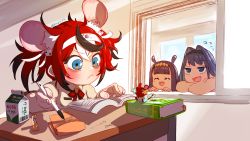 Rule 34 | 3girls, :&lt;, :d, ^ ^, absurdres, animal ear fluff, animal ears, bags under eyes, black hair, blue eyes, blue hair, book, butayaro kr, closed eyes, commentary request, desk, dice hair ornament, extra ears, fang, hair between eyes, hair ornament, hakos baelz, headband, highres, hololive, hololive english, korean commentary, korean text, looking at another, mixed-language commentary, mouse (animal), mouse ears, mr. squeaks (hakos baelz), multicolored hair, multiple girls, ninomae ina&#039;nis, open book, open mouth, ouro kronii, peeking out, pen, pom pom (cheerleading), purple hair, red hair, school desk, smile, south korean flag, streaked hair, studying, twitter username, virtual youtuber, white hair, window