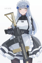 Rule 34 | 1girl, alternate costume, arm behind back, artist name, assault rifle, black gloves, black pantyhose, blue hair, character name, enmaided, feet out of frame, girls&#039; frontline, gloves, green eyes, gun, h&amp;k hk416, hair ornament, hairclip, highres, hk416 (girls&#039; frontline), holding, holding gun, holding weapon, long hair, looking up, maid, pantyhose, rifle, solo, standing, teardrop facial mark, teardrop tattoo, ubah, weapon, white background