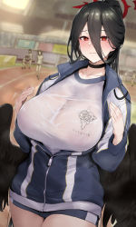Rule 34 | 1girl, black feathers, black hair, black wings, blue archive, blush, bra visible through clothes, breasts, choker, feathered wings, feathers, hair between eyes, hair ornament, hasumi (blue archive), hasumi (track) (blue archive), highres, huge breasts, jacket, kurowa, long hair, looking at viewer, mole, mole under eye, red eyes, see-through, shirt, wet, wet clothes, wet shirt, wings