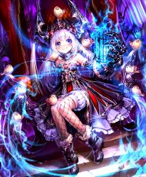 Rule 34 | 10s, 1girl, artist request, bird, birdcage, blue eyes, blue fire, boots, cage, claws, crown, cygames, dress, fire, fishnets, frilled skirt, frills, fur trim, gauntlets, glowing, little soulsquasher, official art, shadowverse, shingeki no bahamut, sitting, skirt, smile, throne, white hair
