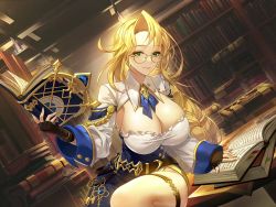 Rule 34 | 1girl, abdooly, action taimanin, alternate costume, blonde hair, book, braid, breasts, curvy, desk, dress, emily simmons, fingerless gloves, game cg, glasses, gloves, green eyes, holding, holding book, large breasts, library, lilith-soft, long hair, looking at viewer, no bra, open mouth, road, shiny skin, single braid, sitting, skirt, smile, solo, taimanin (series), very long hair