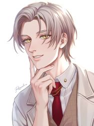 Rule 34 | 1boy, :d, artist name, bang, coat, collared shirt, finger gun, fingernails, grin, highres, looking at viewer, male focus, mole, mole under eye, necktie, open mouth, red necktie, rezoeline, shirt, short hair, simple background, smile, solo, tears of themis, teeth, vyn richter (tears of themis), white background, white coat, white hair, white shirt, yellow eyes