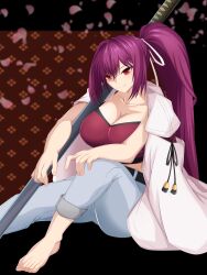 Rule 34 | 1girl, barefoot, breasts, cherry blossoms, cleavage, closed mouth, crop top, feet, foot focus, foreshortening, full body, grey pants, hair between eyes, hair ribbon, half-closed eyes, hand on own knee, highres, holding, japanese clothes, katana, large breasts, legs, long hair, looking at viewer, midriff, pants, ponytail, purple hair, red eyes, ribbon, sitting, smile, soles, solo, sword, thighs, toes, under night in-birth, weapon, white background, white ribbon, yuzuriha (under night in-birth)
