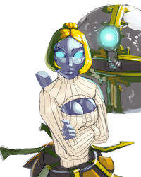 Rule 34 | 1girl, aka6, android, blonde hair, blue eyes, bob cut, breasts, cleavage, cleavage cutout, clothing cutout, colored skin, crossed arms, glowing, glowing eyes, grey skin, hair bun, humanoid robot, league of legends, lips, medium breasts, meme attire, no pupils, nose, open-chest sweater, orianna (league of legends), parted bangs, ribbed sweater, robot, short hair, single hair bun, solid eyes, solo, sweater, turtleneck
