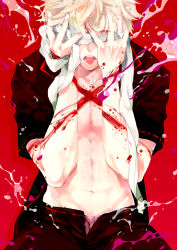 Rule 34 | 1boy, bandage over one eye, gintama, highres, male focus, open clothes, open shirt, paint, red eyes, sakata gintoki, shirt, silver hair, solo, wingtemple
