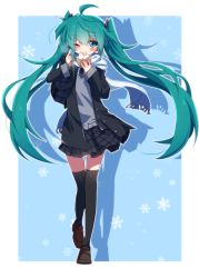 Rule 34 | 1girl, :t, ahoge, aosaki yato, black thighhighs, blue background, blue eyes, eating, full body, green hair, hatsune miku, highres, loafers, long hair, necktie, one eye closed, scarf, school uniform, shoes, skirt, solo, sweater vest, thigh gap, thighhighs, twintails, very long hair, vocaloid