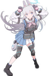 Rule 34 | 1girl, animal ears, armband, belt pouch, blue archive, blue skirt, boots, bulletproof vest, commentary, english commentary, esozima gari, fake animal ears, gloves, grey hair, gun, highres, long hair, miyako (blue archive), neckerchief, pink neckerchief, pouch, purple eyes, school uniform, simple background, skirt, solo, standing, weapon, white background