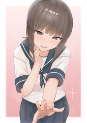 Rule 34 | 1girl, blue eyes, blue neckerchief, blue sailor collar, blue skirt, blush, brown hair, commentary request, fubuki (kancolle), hand to own mouth, highres, jewelry, kantai collection, looking at viewer, low ponytail, neckerchief, parted lips, pleated skirt, ponytail, ring, sailor collar, sakieko, school uniform, serafuku, short sleeves, skirt, solo, sparkle, wedding ring