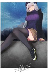 Rule 34 | 1girl, black jacket, black thighhighs, blue sky, blush, breasts, brown skirt, cityscape, closed eyes, commentary request, girls&#039; frontline, hair ornament, hairclip, hat, highres, hk416 (girls&#039; frontline), jacket, kojima (blue stardust), large breasts, ledge, looking at viewer, miniskirt, pleated skirt, purple sweater, ribbed sweater, silver hair, sitting, skirt, sky, solo, sweater, thighhighs, thighs, turtleneck, turtleneck sweater, yellow eyes