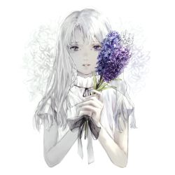 Rule 34 | 1girl, black bow, bow, flower, grey flower, highres, holding, holding flower, hyacinth, long hair, looking at viewer, original, pale skin, shirone (coxo ii), shirt, short sleeves, simple background, solo, upper body, white background, white hair, white shirt