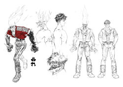 Rule 34 | 1boy, belt, black sclera, chain, character sheet, closed mouth, collarbone, colored sclera, covered navel, fire, greyscale, hands on own hips, hatching (texture), jacket, male focus, mask, monochrome, mutsugi, original, red jacket, sketch, solo, spot color, stalking, standing, studded, studded jacket