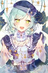 Rule 34 | 1girl, :d, alternate hairstyle, bad id, bad pixiv id, bang dream!, beret, blue bow, blue hat, blue ribbon, bow, braid, collared dress, constellation, constellation hair ornament, dress, earrings, frilled shirt collar, frills, gemini (constellation), green eyes, green hair, hair bow, hat, hat bow, highres, hikawa hina, jacket, jewelry, long sleeves, looking at viewer, medium hair, necklace, open mouth, outstretched arms, pearl necklace, ribbon, smile, solo, sparkle, star (symbol), striped ribbon, taya oco, twin braids, upper body, vertical stripes, yellow eyes