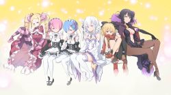 Rule 34 | 10s, 6+girls, age difference, apron, bandeau, bare shoulders, beatrice (re:zero), black bow, black footwear, black gloves, black hair, blonde hair, blue eyes, blue hair, blue ribbon, blush, blush stickers, boots, bow, braid, breasts, brown footwear, brown gloves, brown legwear, bug, butterfly, butterfly-shaped pupils, buttons, cape, capelet, cat, cleavage, crown, detached sleeves, dress, drill hair, earrings, elbow gloves, elf, elsa granhilte, emilia (re:zero), felt (re:zero), flower, frilled gloves, frilled sleeves, frills, fur, fur trim, gem, gloves, hair bow, hair flower, hair ornament, hair over one eye, hair ribbon, highres, insect, jewelry, ka-no, large breasts, legs up, lips, lipstick, long hair, long sleeves, looking at viewer, maid, maid headdress, makeup, medium breasts, mini crown, mole, mole under eye, multiple girls, navel, open mouth, pack (re:zero), pantyhose, pink eyes, pink footwear, pink hair, pink ribbon, pointy ears, puck (re:zero), purple eyes, ram (re:zero), re:zero kara hajimeru isekai seikatsu, red eyes, red scarf, rem (re:zero), ribbon, scarf, shoes, short hair, siblings, silver hair, single earring, sisters, sitting, sleeveless, sleeveless dress, small breasts, smile, striped clothes, striped pantyhose, symbol-shaped pupils, thigh boots, thighhighs, twin drills, twins, twintails, waist apron, white footwear, white legwear, wide sleeves, x hair ornament
