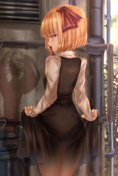 Rule 34 | 1girl, arched back, ass, black dress, blunt bangs, blunt ends, blush, closed mouth, clothes lift, commentary request, day, different shadow, dress, dress lift, from behind, hair ribbon, half-closed eyes, highres, legs together, lifted by self, long sleeves, looking at viewer, looking back, nape, neckwear request, orange eyes, orange hair, outdoors, outstretched wrists, profile, red neckwear, red ribbon, ribbon, rumia, see-through, shadow, short hair, shounen (hogehoge), solo, standing, touhou, wide hips, wing collar