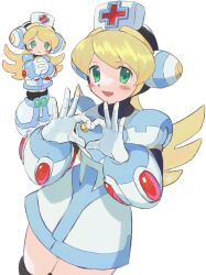 Rule 34 | absurdres, blonde hair, blush, blush stickers, chibi, cinnamon (mega man), green eyes, hat, heart, heart hands, highres, long hair, mega man (series), mega man x: command mission, mega man x (series), nurse, nurse cap, own hands clasped, own hands together, tagme, thighhighs, touhou3939