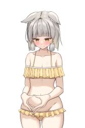 Rule 34 | 1girl, animal ear fluff, animal ears, arched bangs, bare shoulders, bikini, blush, breasts, cat ears, cat girl, cleavage, collarbone, commentary request, ears down, frilled bikini, frills, grey hair, groin, highres, nia (xenoblade), okazu2010015, short hair, simple background, small breasts, solo, spade hands, standing, steepled fingers, swimsuit, white background, xenoblade chronicles (series), xenoblade chronicles 2, yellow eyes