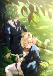 Rule 34 | 2girls, against tree, ahoge, andou tazusa, animal, animal hug, antenna hair, arm at side, assault lily, black ribbon, black skirt, blonde hair, blurry, blurry foreground, cat, closed eyes, closed mouth, commentary, cropped jacket, dappled sunlight, day, feet out of frame, flower, frilled skirt, frills, grass, green hair, green thighhighs, hair between eyes, hair ribbon, hand on another&#039;s head, hand up, high-waist skirt, high ponytail, highres, juliet sleeves, knees together feet apart, lap pillow, leg ribbon, legs together, long sleeves, lying, miniskirt, multicolored thighhighs, multiple girls, neck ribbon, nuenue, on grass, on ground, on side, outdoors, ponytail, profile, puffy sleeves, ribbon, school uniform, shirt, short hair, sitting, skirt, smile, striped clothes, striped ribbon, striped thighhighs, sunlight, thigh ribbon, thighhighs, tree, tree shade, two side up, white flower, white shirt, white thighhighs, yellow ribbon, yellow thighhighs, yoshimura thi mai, yuri, yurigaoka girls academy school uniform, zettai ryouiki