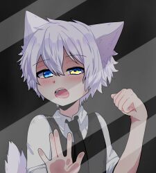Rule 34 | 1boy, animal ears, black necktie, blue eyes, blush, commentary, english commentary, fangs, heterochromia, highres, kyou 0120, long sleeves, looking at viewer, lumine (lumine (webtoon)), lumine (webtoon), necktie, open mouth, sleeves rolled up, solo, tail, upper body, wolf boy, wolf ears, wolf tail, yellow eyes