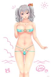 Rule 34 | 10s, 1girl, artist name, beach, bikini, blush, breasts, cleavage, collarbone, crab, flying sweatdrops, gluteal fold, green bikini, hair between eyes, hand on own chest, hand up, highres, hip focus, jewelry, kantai collection, kashima (kancolle), large breasts, looking at viewer, navel, neckerchief, necklace, o-ring, o-ring bikini, open mouth, purple eyes, shell, signature, silver hair, simple background, smile, solo, standing, swimsuit, twintails, wavy hair, white background, yurashima