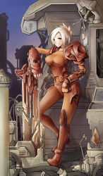 Rule 34 | 1girl, absurdres, alternate costume, alternate eye color, armor, bad id, bad pixiv id, blush, bodysuit, breasts, cable, electricity, fingerless gloves, folded ponytail, gloves, grin, highres, kira (artist), large breasts, league of legends, leg armor, machine, orange eyes, riven (league of legends), short hair, skin tight, smile, solo, sword, technology, vambraces, weapon, white hair