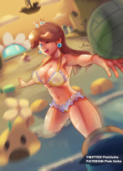 Rule 34 | 1girl, aircraft, airship, ball, bikini, blue eyes, breasts, brown hair, bursting breasts, cleavage, crown, earrings, flower, grin, highres, jewelry, large breasts, legs, long hair, looking at viewer, mario (series), motion blur, navel, nintendo, one eye closed, open mouth, princess daisy, sky, smile, solo, super mario land, swimsuit, thighs, water, wiggler, wink