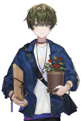 Rule 34 | 1boy, absurdres, blue jacket, chyoel, closed mouth, green eyes, green hair, highres, holding, indie utaite, jacket, jewelry, long sleeves, looking at viewer, male focus, necklace, open clothes, open jacket, original, plant, potted plant, ring, shirt, simple background, smile, solo, utaite, white background, white shirt