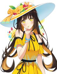 Rule 34 | 1girl, absurdres, bare shoulders, blush, bow, bracelet, brown hair, closed mouth, clothing cutout, commentary request, dress, food, fruit, glass, hand up, hat, hat bow, highres, jewelry, lemon, lemon slice, long hair, looking at viewer, multicolored hair, nail polish, niji (rudduf232), original, sash, shoulder cutout, smile, solo, strawberry, sun hat, two-tone hair, white background, yellow dress, yellow eyes, yellow nails