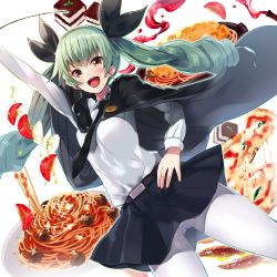 Rule 34 | 10s, 1girl, anchovy (girls und panzer), belt, black necktie, black ribbon, black skirt, cape, cowboy shot, dress shirt, drill hair, dutch angle, food, girls und panzer, green hair, hair ribbon, hand on own hip, highres, holding, holding riding crop, long hair, long sleeves, looking at viewer, miniskirt, necktie, open mouth, pantyhose, pasta, pizza, pleated skirt, red eyes, ribbon, riding crop, school uniform, shirt, skirt, smile, solo, sora-bozu, spaghetti, standing, twin drills, twintails, white background, white pantyhose, white shirt