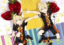 Rule 34 | 1boy, 1girl, :d, arm support, bad id, bad pixiv id, black nails, blonde hair, blue eyes, boots, brother and sister, food, from above, fruit, hair between eyes, hair ribbon, kagamine len, kagamine rin, kneehighs, kyo zip, leaning back, legs, looking at viewer, looking up, nail polish, open mouth, outstretched arm, ribbon, shadow, short hair, shorts, siblings, sitting, smile, socks, star (symbol), strawberry, twins, uniform, vocaloid