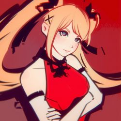Rule 34 | 1girl, alternate costume, arm strap, bare shoulders, black ribbon, blonde hair, blue eyes, breasts, crossed arms, dead or alive, dead or alive 5, hair ornament, hair ribbon, head tilt, highres, leotard, long hair, looking at viewer, marie rose, medium breasts, moshimoshibe, red background, red leotard, ribbon, solo, twintails, x hair ornament